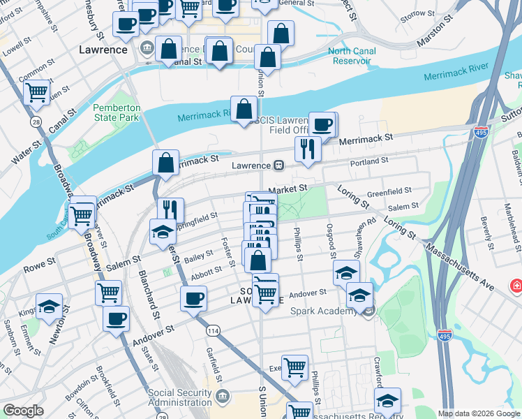 map of restaurants, bars, coffee shops, grocery stores, and more near 77 South Union Street in Lawrence