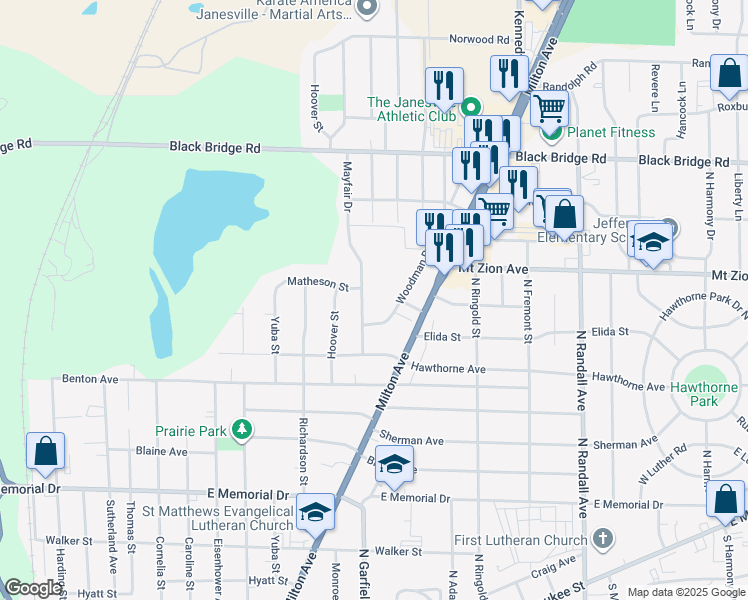 map of restaurants, bars, coffee shops, grocery stores, and more near 1221 Woodman Road in Janesville