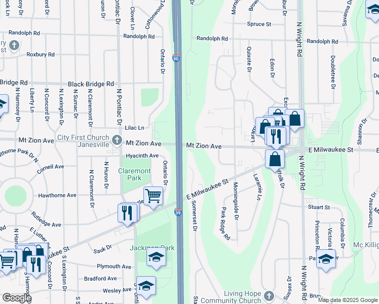 map of restaurants, bars, coffee shops, grocery stores, and more near 3002 Mount Zion Avenue in Janesville