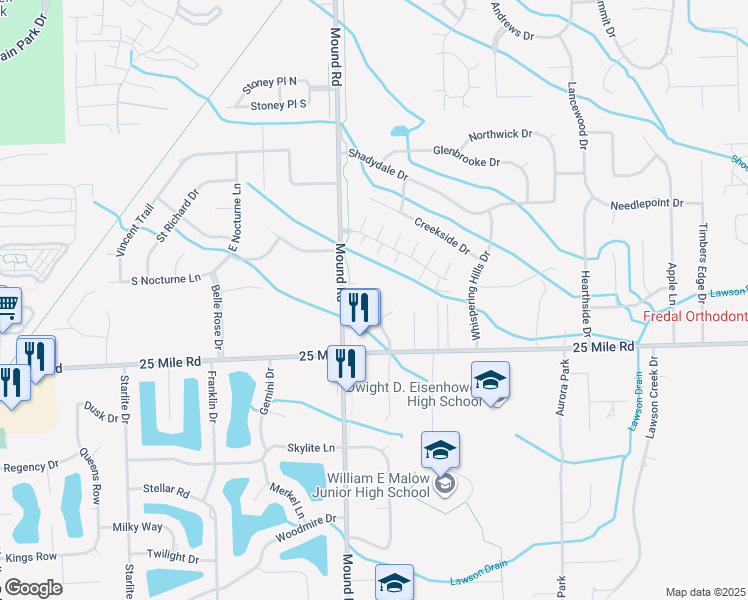 map of restaurants, bars, coffee shops, grocery stores, and more near 55250 Mound Road in Macomb County