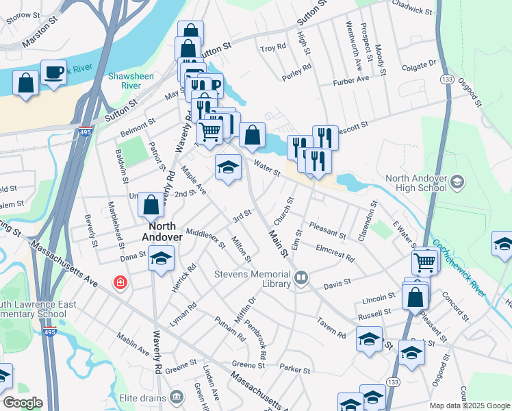 map of restaurants, bars, coffee shops, grocery stores, and more near 19 Merrimack Street in North Andover