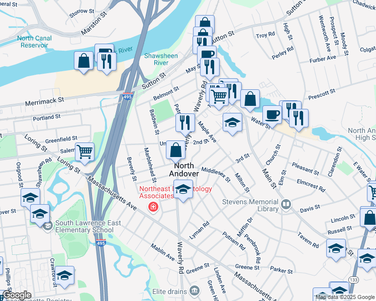 map of restaurants, bars, coffee shops, grocery stores, and more near 109 2nd Street in North Andover