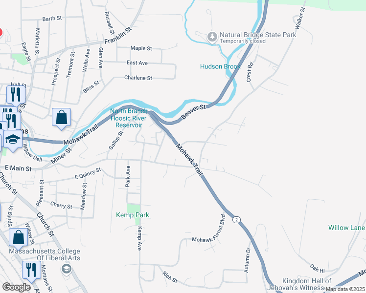 map of restaurants, bars, coffee shops, grocery stores, and more near 431 Union Street in North Adams