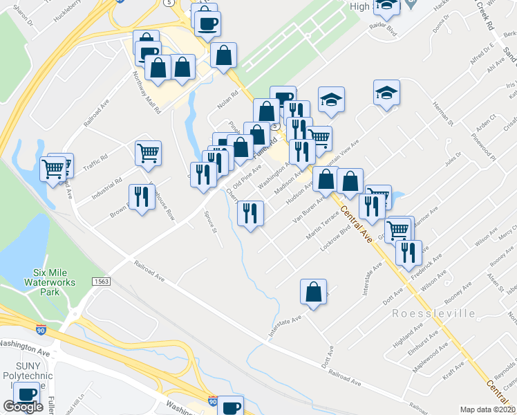 map of restaurants, bars, coffee shops, grocery stores, and more near 52 Washington Avenue in Albany