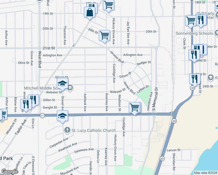 map of restaurants, bars, coffee shops, grocery stores, and more near 2518 Coolidge Avenue in Racine