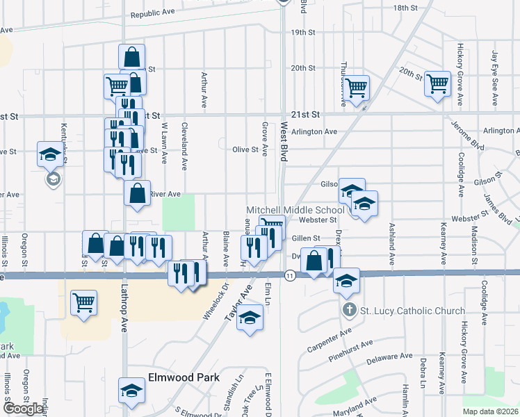 map of restaurants, bars, coffee shops, grocery stores, and more near 2500 Grove Avenue in Racine
