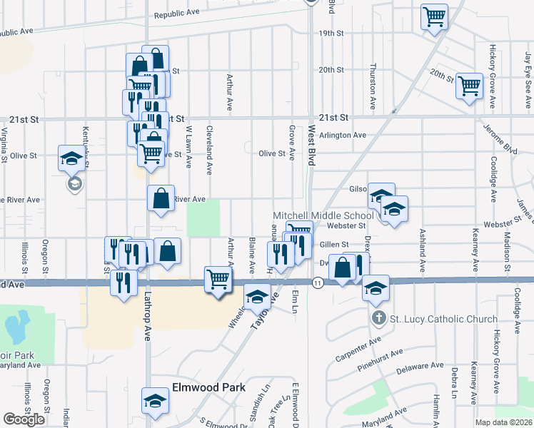 map of restaurants, bars, coffee shops, grocery stores, and more near 2500 Hayes Avenue in Racine