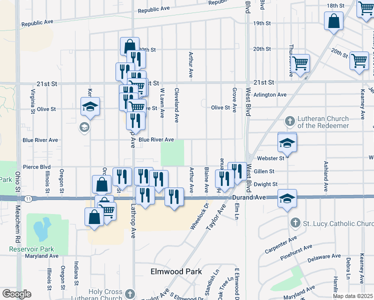 map of restaurants, bars, coffee shops, grocery stores, and more near 3631 Blue River Avenue in Racine