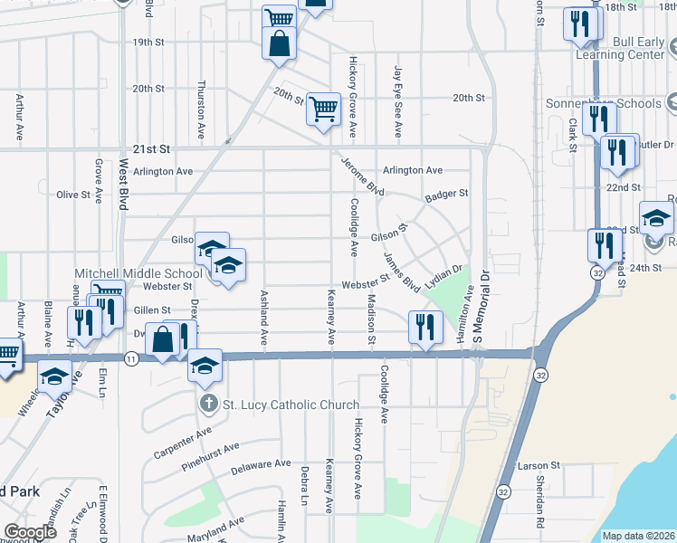 map of restaurants, bars, coffee shops, grocery stores, and more near 2518 Coolidge Avenue in Racine