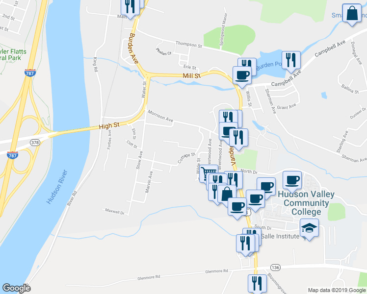 map of restaurants, bars, coffee shops, grocery stores, and more near 2 Summit Hill Way in Troy