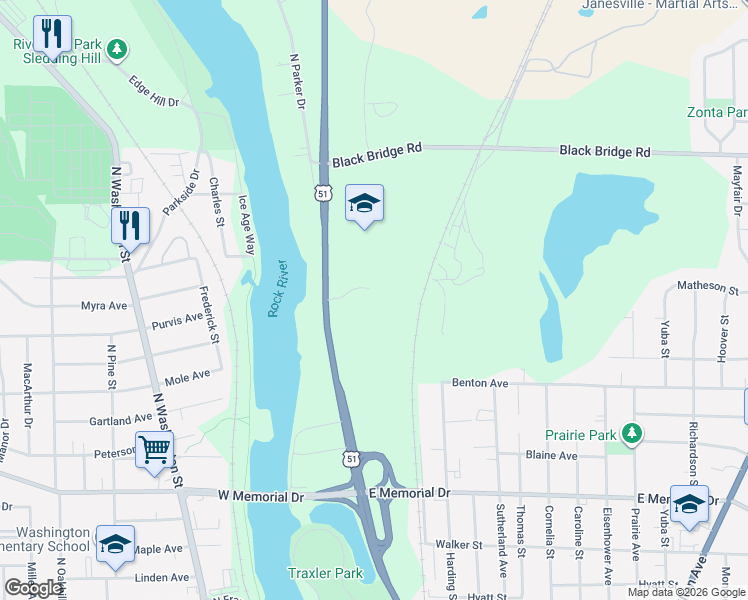 map of restaurants, bars, coffee shops, grocery stores, and more near 236 Ba-Wood Lane in Janesville