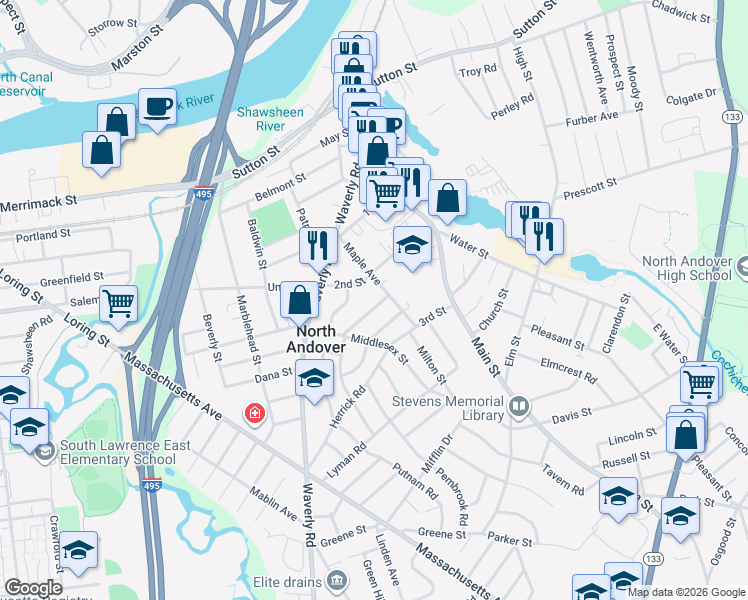 map of restaurants, bars, coffee shops, grocery stores, and more near 86 2nd Street in North Andover