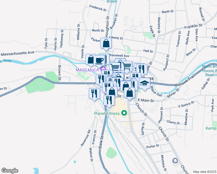 map of restaurants, bars, coffee shops, grocery stores, and more near 43 Veterans Memorial Drive in North Adams