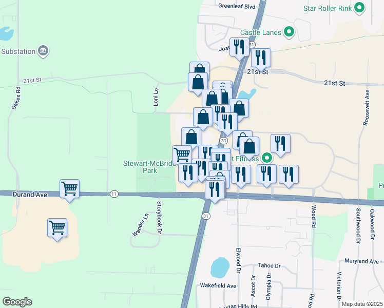 map of restaurants, bars, coffee shops, grocery stores, and more near 2710 South Green Bay Road in Racine