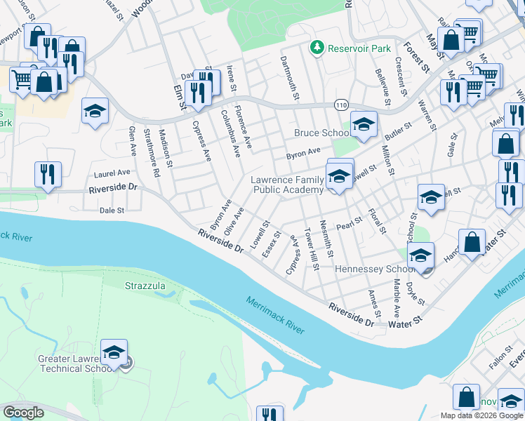 map of restaurants, bars, coffee shops, grocery stores, and more near 100 Wachusetts Avenue in Lawrence