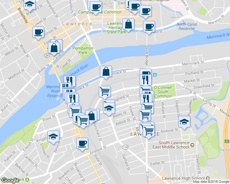 map of restaurants, bars, coffee shops, grocery stores, and more near 328 Market Street in Lawrence
