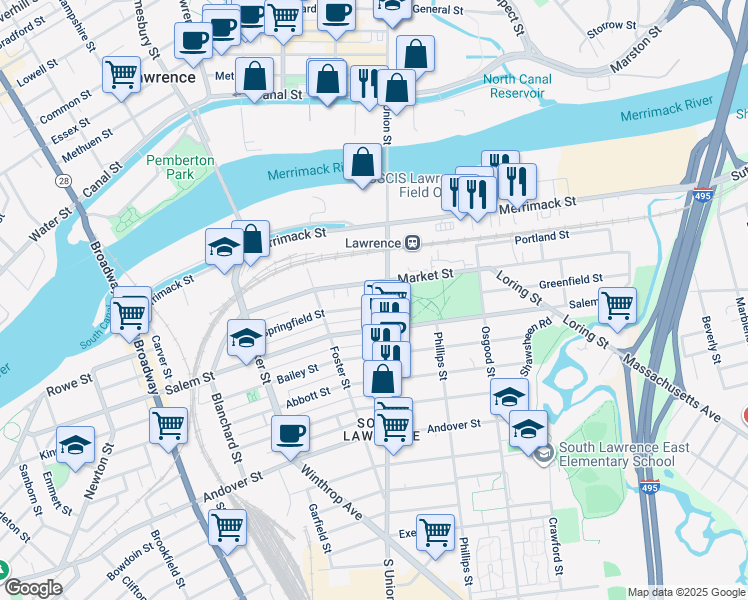 map of restaurants, bars, coffee shops, grocery stores, and more near 210 Market Street in Lawrence