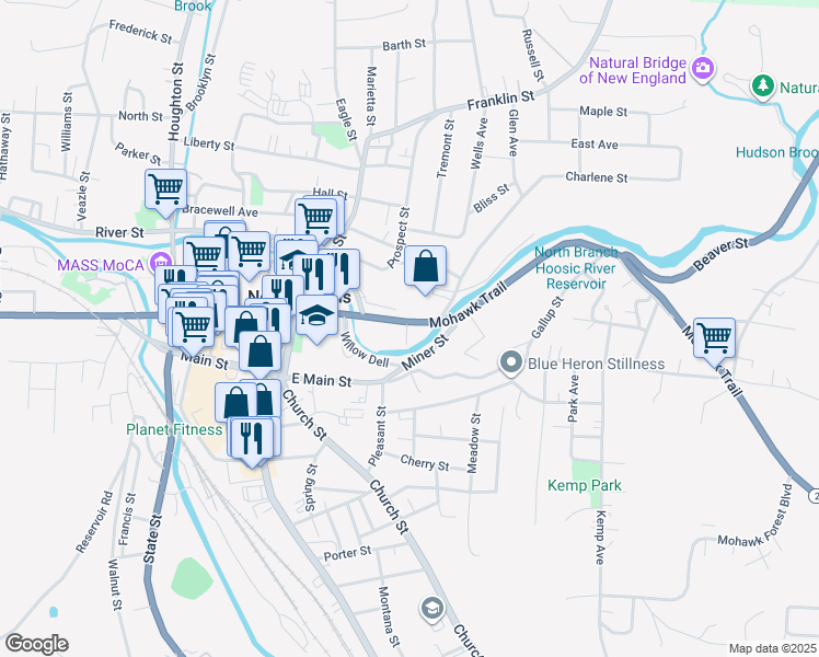 map of restaurants, bars, coffee shops, grocery stores, and more near 121 Union Street in North Adams