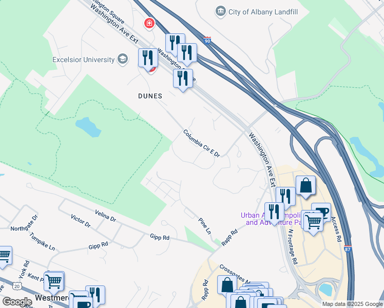 map of restaurants, bars, coffee shops, grocery stores, and more near 100 White Pine Drive in Albany