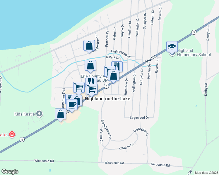 map of restaurants, bars, coffee shops, grocery stores, and more near 6865 Erie Road in Highland-on-the-Lake