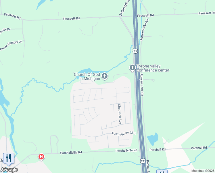 map of restaurants, bars, coffee shops, grocery stores, and more near Church Camp in Fenton