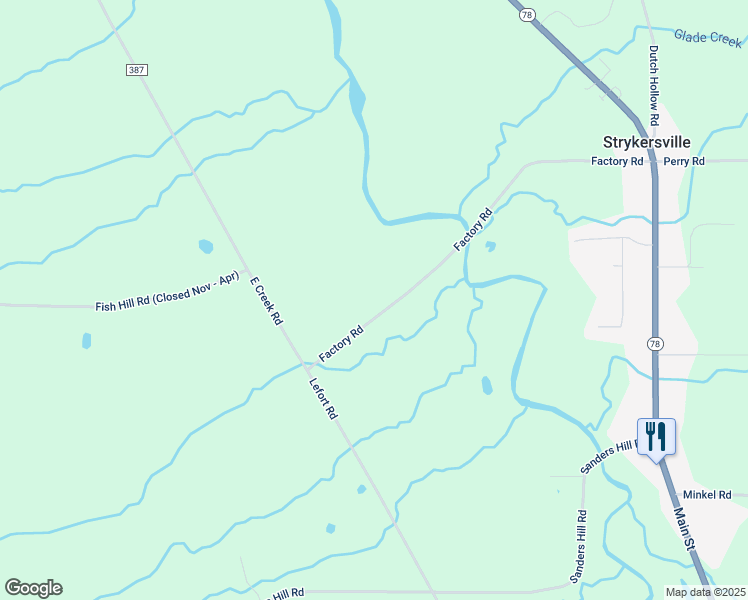 map of restaurants, bars, coffee shops, grocery stores, and more near 359 Factory Road in Strykersville