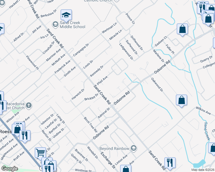 map of restaurants, bars, coffee shops, grocery stores, and more near 241 Sand Creek Road in Albany