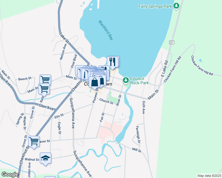 map of restaurants, bars, coffee shops, grocery stores, and more near 28 Main Street in Cooperstown
