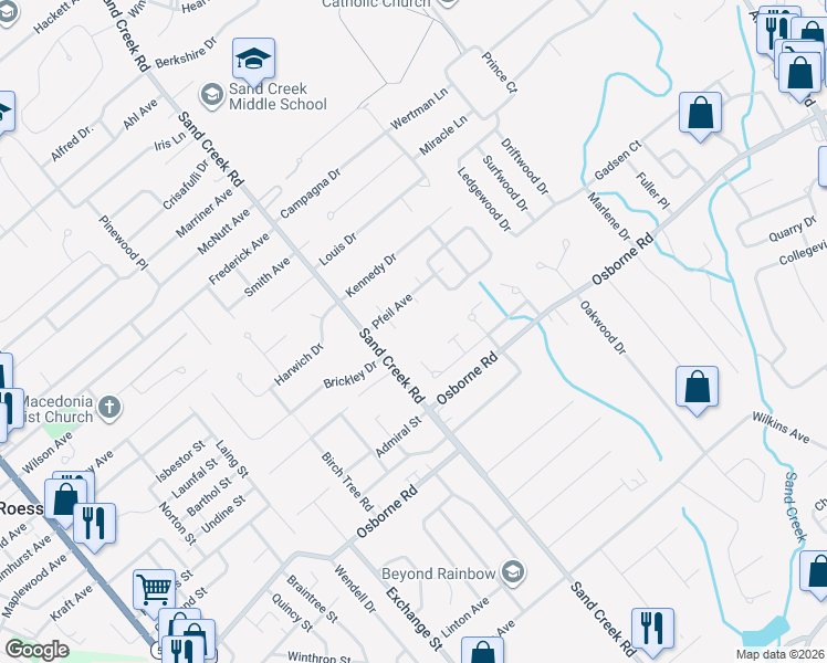 map of restaurants, bars, coffee shops, grocery stores, and more near 241 Sand Creek Road in Albany