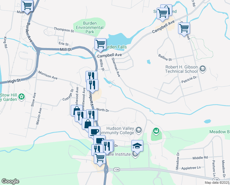 map of restaurants, bars, coffee shops, grocery stores, and more near 101-177 Vandenburgh Place in Troy