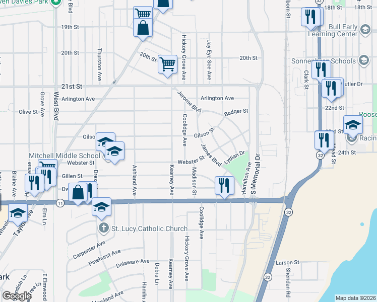 map of restaurants, bars, coffee shops, grocery stores, and more near 2518 Coolidge Avenue in Racine