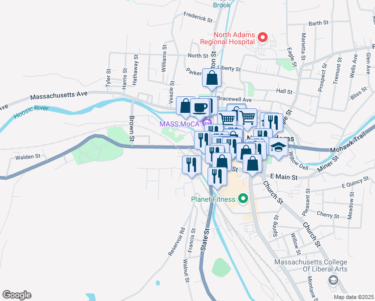 map of restaurants, bars, coffee shops, grocery stores, and more near 3 High Street in North Adams