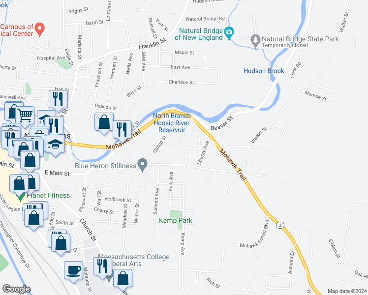 map of restaurants, bars, coffee shops, grocery stores, and more near 93 Cleveland Street in North Adams