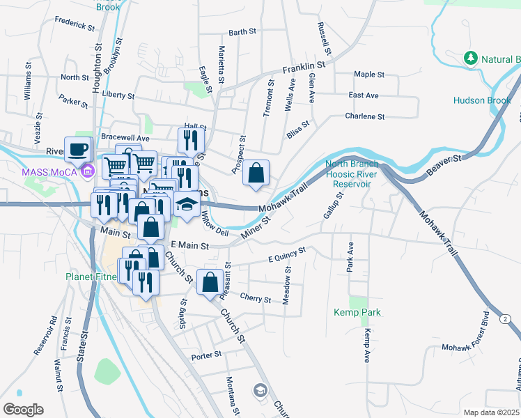 map of restaurants, bars, coffee shops, grocery stores, and more near 174 Union Street in North Adams