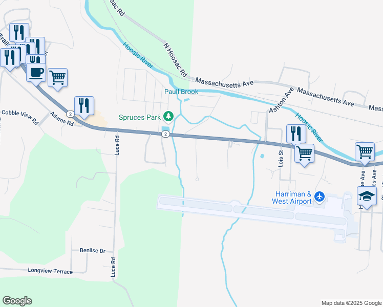map of restaurants, bars, coffee shops, grocery stores, and more near 1-103 Chenaille Terrace in North Adams
