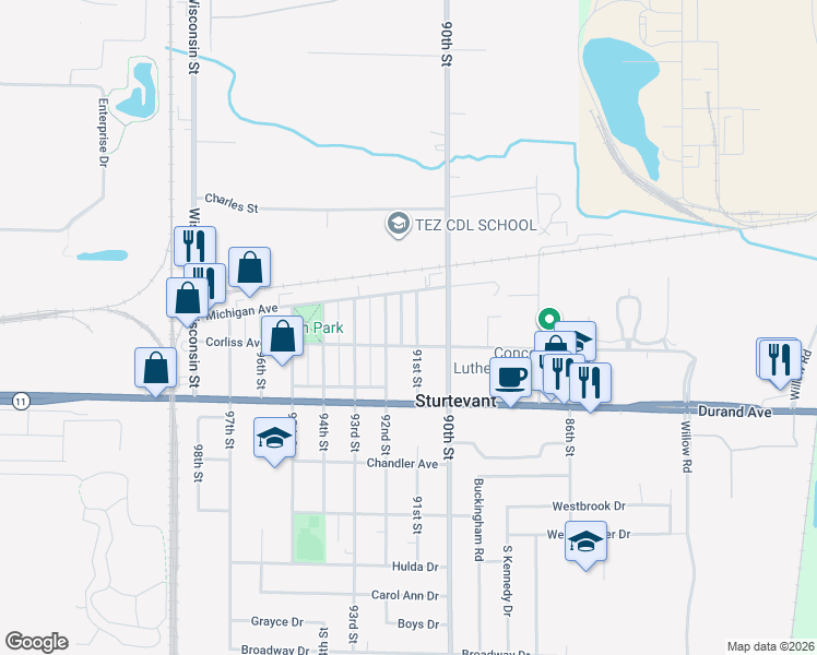 map of restaurants, bars, coffee shops, grocery stores, and more near 2823 92nd Street in Sturtevant