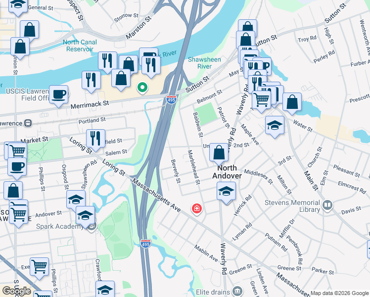 map of restaurants, bars, coffee shops, grocery stores, and more near 87 Union Street in North Andover