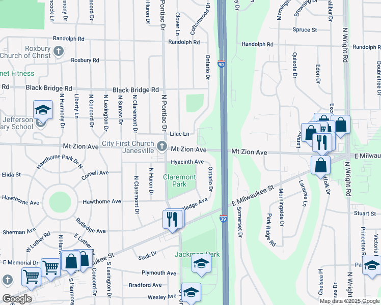 map of restaurants, bars, coffee shops, grocery stores, and more near 2723 Mount Zion Avenue in Janesville