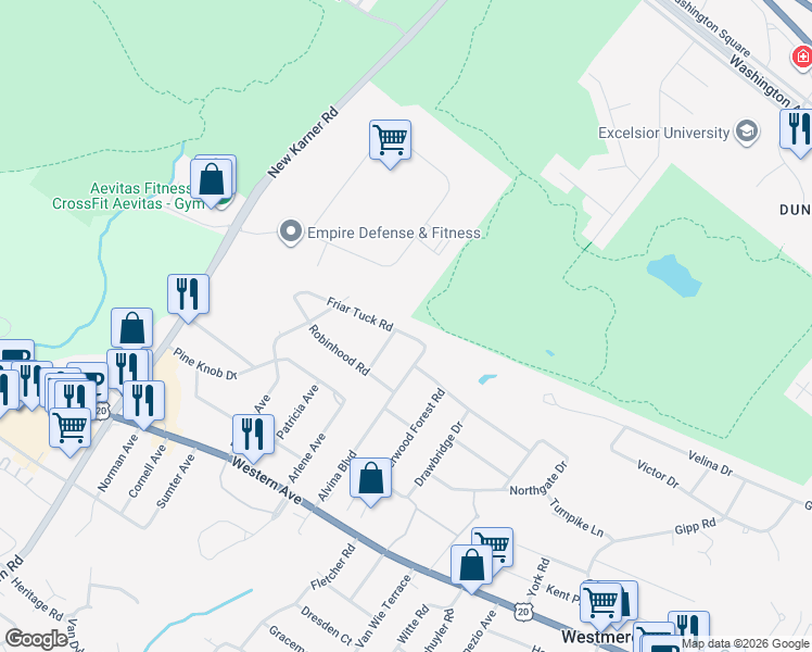 map of restaurants, bars, coffee shops, grocery stores, and more near 22 Friar Tuck Road in Albany