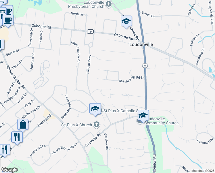 map of restaurants, bars, coffee shops, grocery stores, and more near 16 Chestnut Hill Road South in Albany