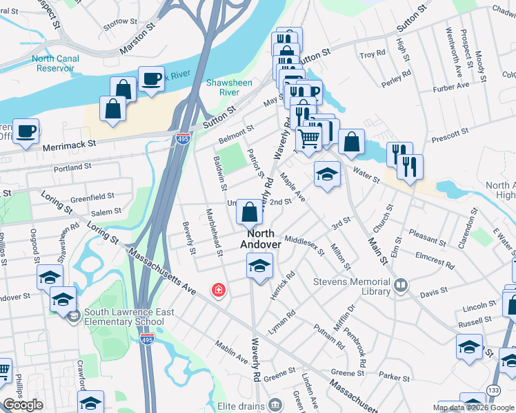 map of restaurants, bars, coffee shops, grocery stores, and more near 109 2nd Street in North Andover