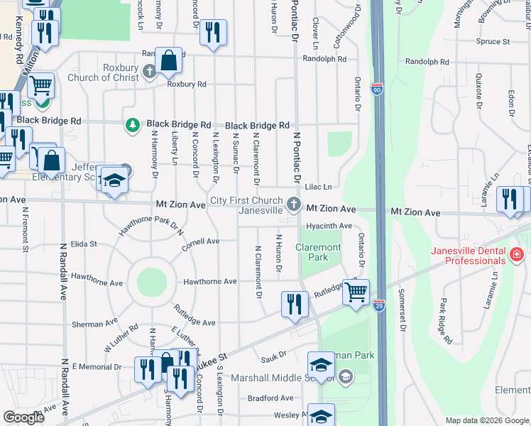 map of restaurants, bars, coffee shops, grocery stores, and more near 2525 Mount Zion Avenue in Janesville