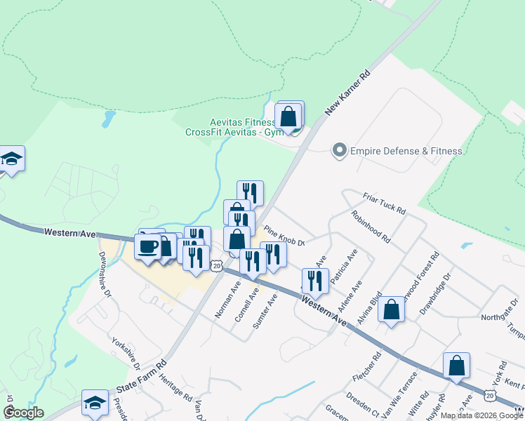map of restaurants, bars, coffee shops, grocery stores, and more near 16 New Karner Road in Guilderland