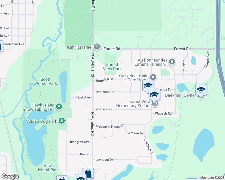 map of restaurants, bars, coffee shops, grocery stores, and more near 2127 Robinson Road in Lansing