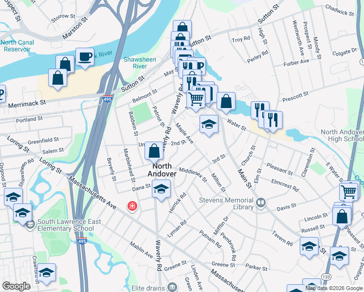 map of restaurants, bars, coffee shops, grocery stores, and more near 86 2nd Street in North Andover