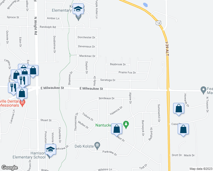map of restaurants, bars, coffee shops, grocery stores, and more near 4199 East Milwaukee Street in Janesville