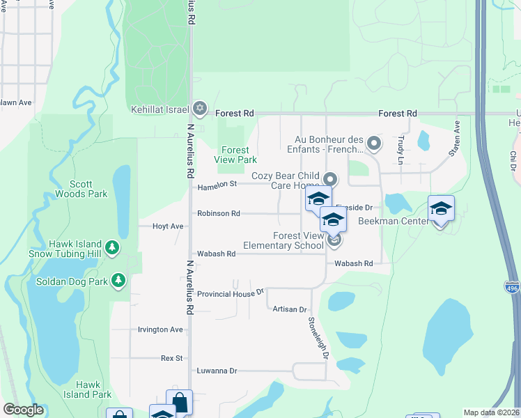 map of restaurants, bars, coffee shops, grocery stores, and more near 2221 Robinson Road in Lansing