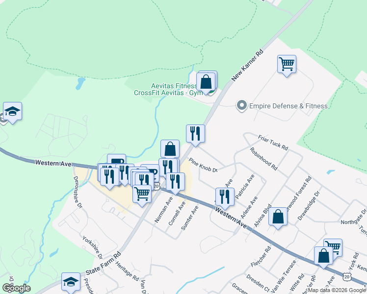 map of restaurants, bars, coffee shops, grocery stores, and more near 16 New Karner Road in Guilderland