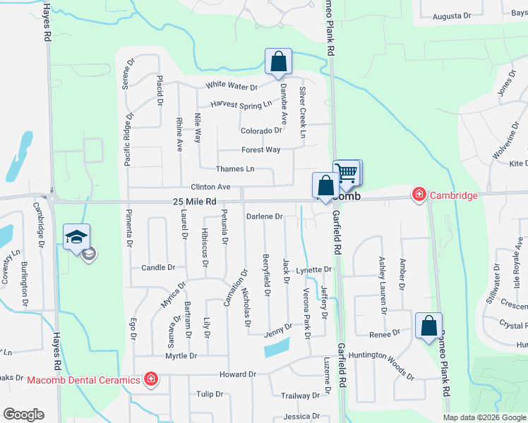 map of restaurants, bars, coffee shops, grocery stores, and more near 16193 Darlene Drive in Macomb