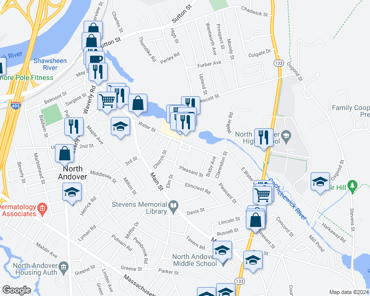map of restaurants, bars, coffee shops, grocery stores, and more near 93 Elm Street in North Andover
